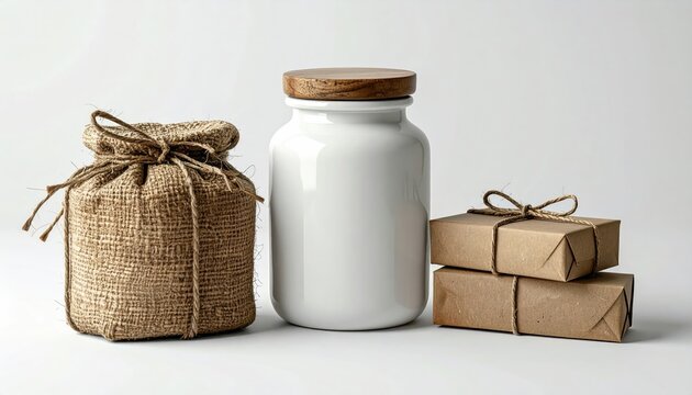 Assorted packaging objects on white backdrop, studio shot