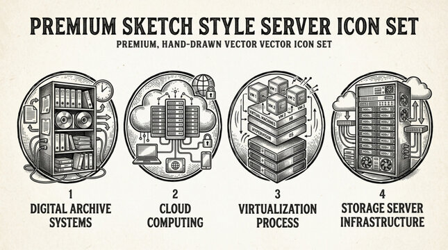 Premium sketch style server icon set for digital archive cloud computing virtualization and storage infrastructure.
