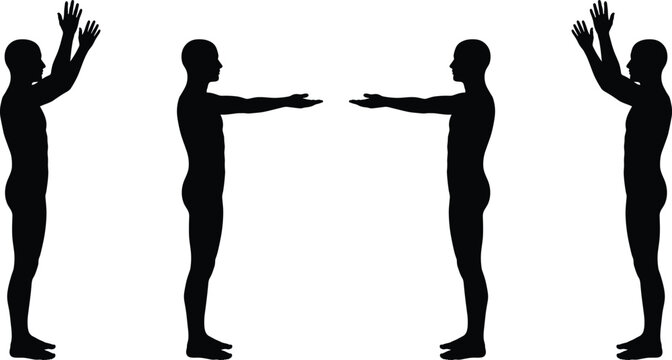 Set of black male silhouettes standing in side profile view, demonstrating arm gestures with hands raised and extended forward on white background.
