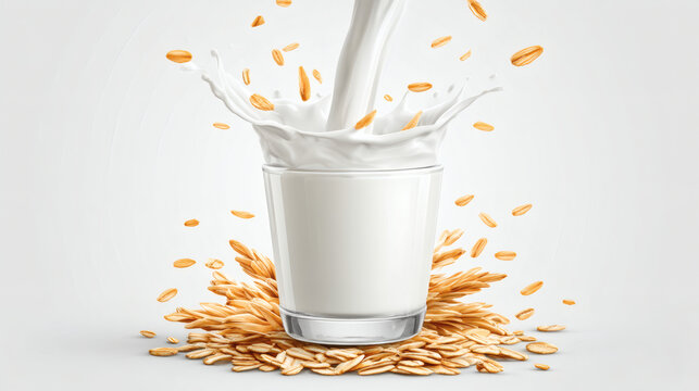 illustration of oat milk being poured from a height into a glass cup, creating a dynamic crown-shaped splash. Floating oat grains orbit the glass to symbolize high nutritional value and energy. 
