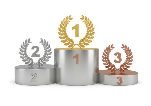 Three podiums with trophies displaying first, second, and third place awards.