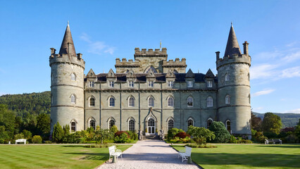 Historic Scottish castle with conical turrets and manicured gardens © erna
