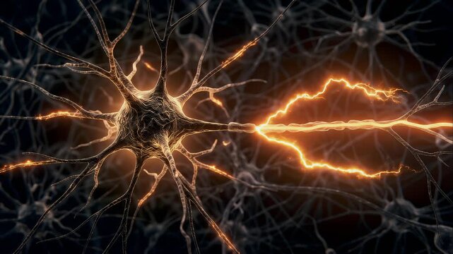 Microscopic nerve cell transmitting electric impulse single neuron loop background