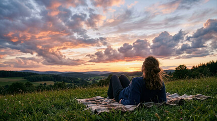 Fototapeta premium Woman Sitting in Meadow Watching Dramatic Sunset Sky