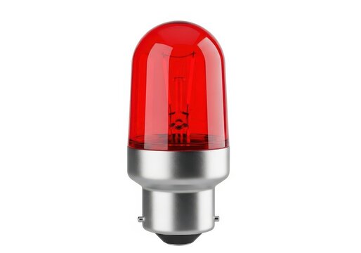 A close-up view of a red light bulb with a bayonet cap base