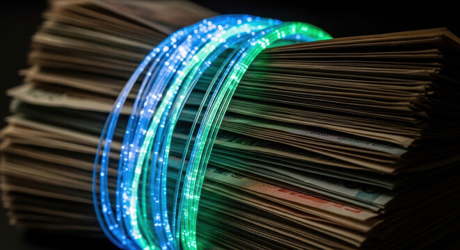 De dollarization impacts global finance as fiber optic cables symbolize digital connectivity and shift in economic power worldwide