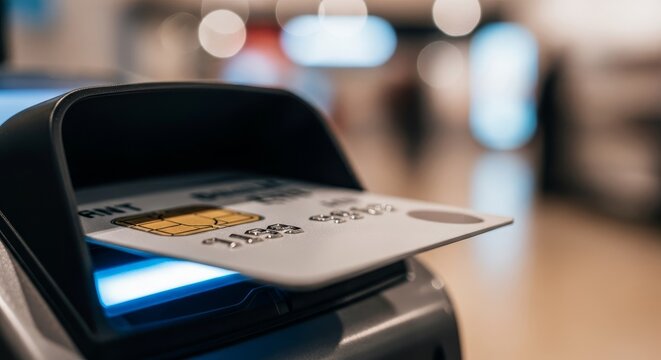 Close-up of a credit card being inserted into a payment terminal, showcasing modern financial transactions