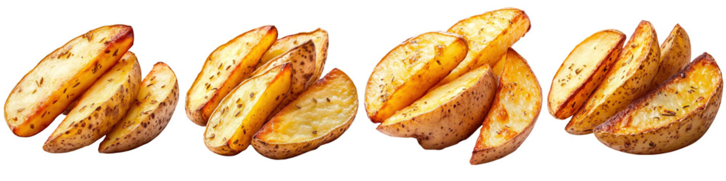 Set of Four Piles of Seasoned Potato Wedges Isolated on White Background - Fried Side Dish and Fast Food Collection
