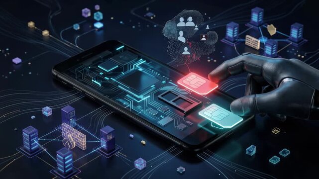 A hand using a smartphone to interact with digital graphics representing data transfer and communication.