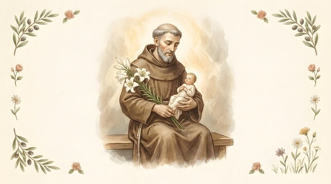 Santo Ant&ocirc;nio or Saint Anthony of Padua, Gentle Franciscan Saint with White Lilies and Symbolic Child Figure