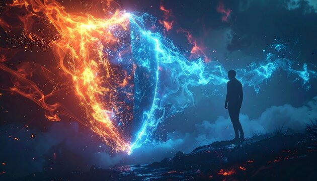 Glowing Elemental Shield Colliding with Fire and Ice Energy in Dark Night Landscape