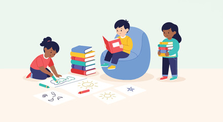 An illustration of three children engaged in learning, featuring a girl drawing, a boy reading on a beanbag, and a girl carrying a stack of books. © Rangga