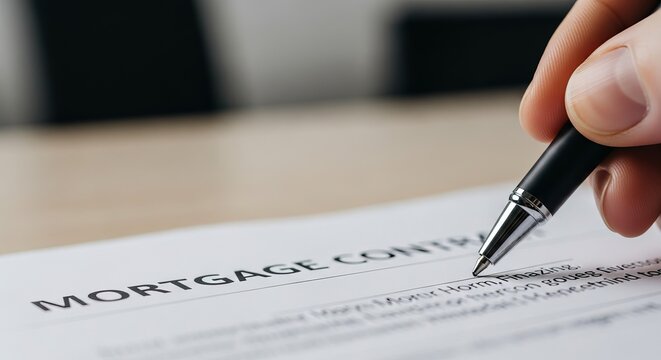 Close-up of a hand holding a pen signing a mortgage contract document, emphasizing a legal agreement.