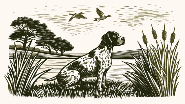 Spotted dog overlooking wetland landscape woodcut style illustration