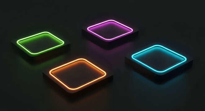 Four glowing neon square buttons in different colors on dark background with user interface, modern design