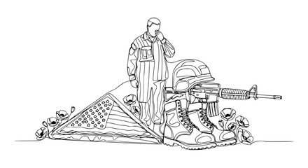 Obraz premium Soldier Memorial: Fallen Hero, US Flag, Poppy Flowers, Military Gear, Remembrance