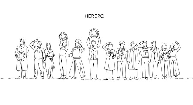 Herero people in traditional attire, line art illustration, celebrating with circular objects