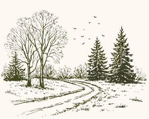 winding trail through forest vintage style sketch © Rupa