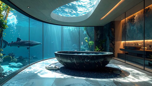 An extraordinary 3D architectural rendering of a serene underwater spa room, centered around a majestic freestanding bathtub masterfully carved from natural stone. 