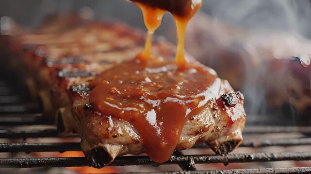 Closeup of BBQ Ribs Being Brushed with Sauce on a Grill.