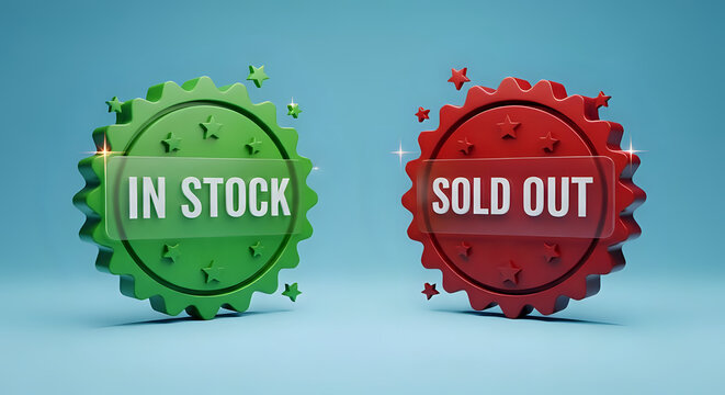 In stock and sold out status icons against blue background with available inventory commerce shopping decision