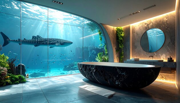 An extraordinary 3D architectural rendering of a serene underwater spa room, centered around a majestic freestanding bathtub masterfully carved from natural stone. 