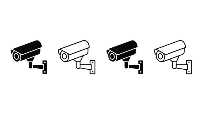 Four minimalist security cameras illustrated in a row on white background