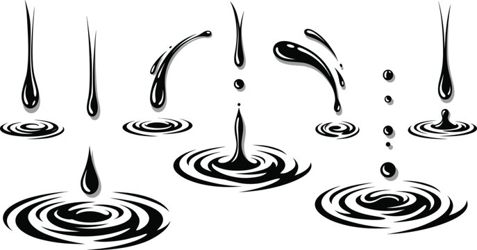 Vector set of black liquid drops, water ripples, and splash effects isolated on a clean white background.