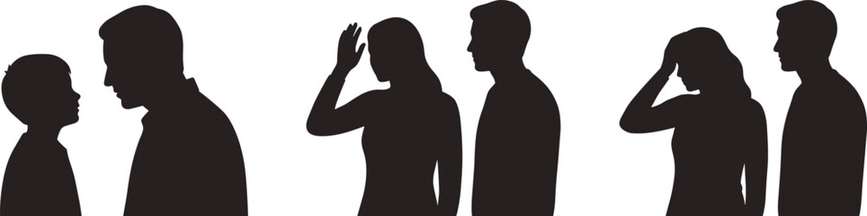 Silhouettes of people communicating and expressing emotions through body language and gestures in various interactions © MDSHAFIQUL