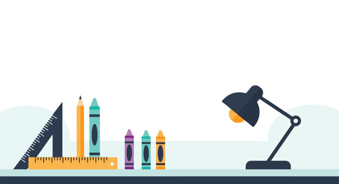 An organized workspace vector showing a desk lamp, rulers, a pencil, and several colorful crayons arranged neatly on a light horizontal surface.