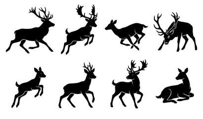 Fototapeta premium Eight black deer silhouettes in dynamic walking and running poses vector illustration set