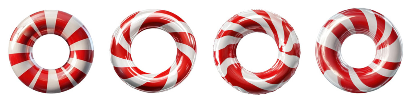 Set of Four Red and White Swirl Cookies or Candies Isolated on White Background - Sweet Dessert and Holiday Treat Collection
