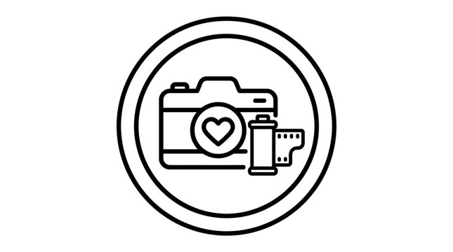 Love Photography Icon: Camera, Film Roll, Heart Symbol Inside Circle Outline