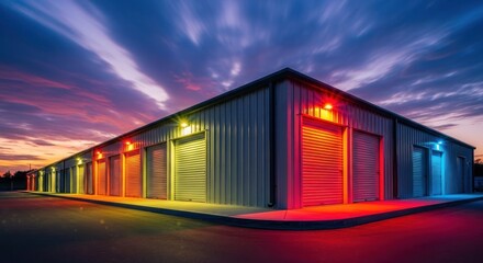 Fototapeta premium Colorful storage facility at dusk exterior.