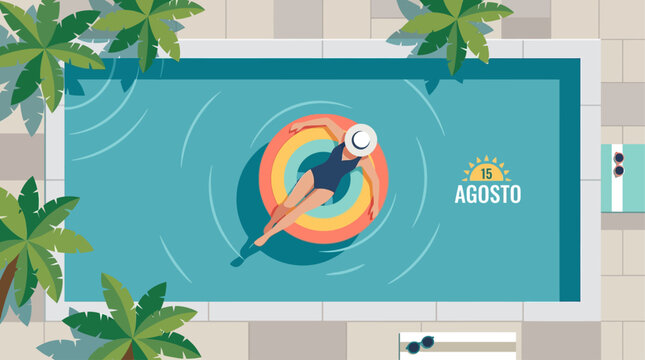 A serene flat design illustration showcasing poolside relaxation, with a person floating on an inflatable in a bright blue swimming pool during Ferragosto. 