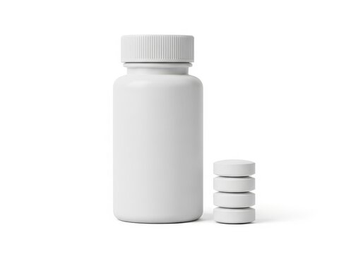 A white plastic bottle with a white lid and a stack of white pills beside it.
