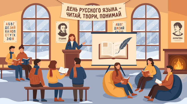 Literary event celebrating Russian Language Day in cozy interior