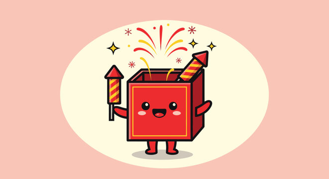 Cartoon Red Box Character Celebrating with Pencil.