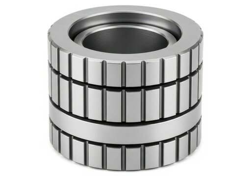 Close-up view of a cylindrical roller bearing with visible raceways and rollers.