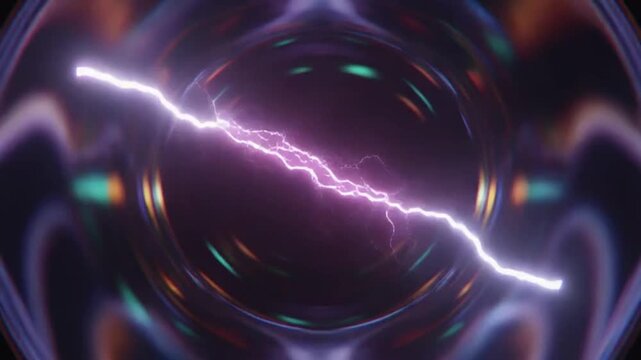 Close-up 3D macro video of a lightning arc forming inside a transparent atmospheric chamber, vibrant electric filaments dancing organically, soft light reflections, and smooth stabilized movement
