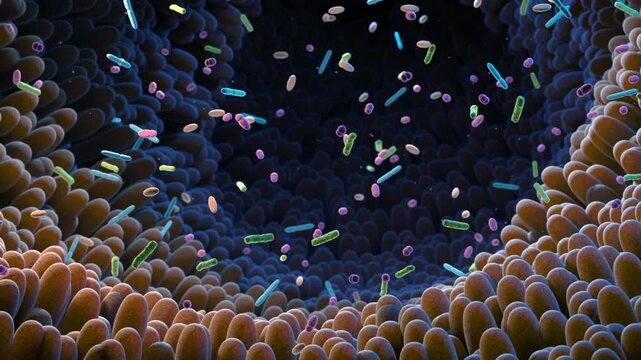 Microbiome intestinal bacteria cells floating representing digestive tract microflora health and gut microbiome metabolism biochemistry research in 4K Ultra HD footage
