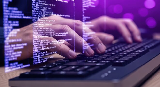 Close-up of a software developer's hands typing on a keyboard with glowing purple code on the screen, symbolizing digital creation and technology advancement.