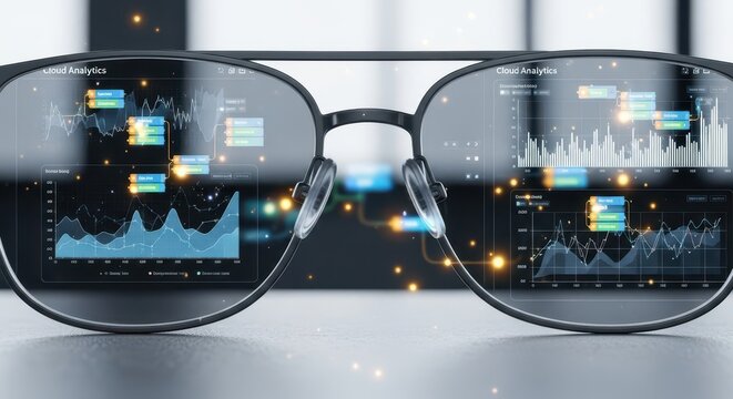 Advanced data analytics displayed through futuristic glasses, offering insightful vision into digital information.