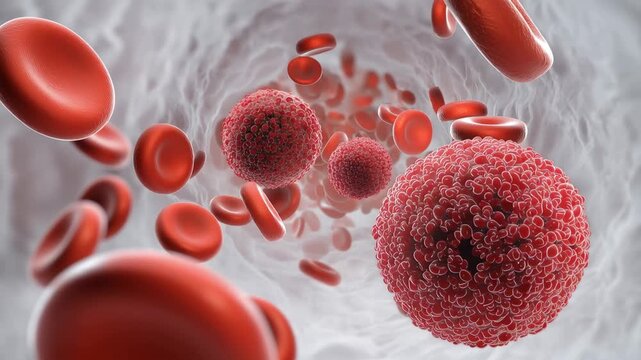 Red blood cells move through a blood vessel while viruses appear and interact in the bloodstream during immune response.