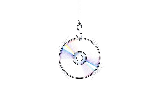Compact Disc Hanging from Metal Hook on White Background.