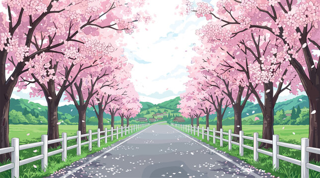 Beautiful Pink Cherry Blossom Tree Lined Road with White Fence and Green Hills Vector Illustration for Spring and Nature Design Projects