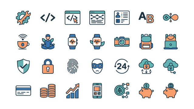 Professional developer and digital workspace icon set featuring web coding software tools and smart device connectivity symbols in colorful flat style for modern ui design projects