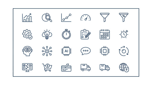 Minimalist business and artificial intelligence line icon collection featuring growth charts financial tools logistics and digital strategy symbols for corporate website and application development