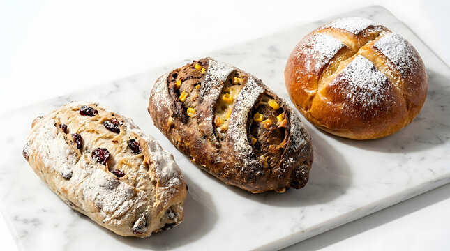 Three rustic artisan bread rolls dusted with powdered sugar displayed on a marble board &mdash; cranberry, savory corn, and a brioche round.
