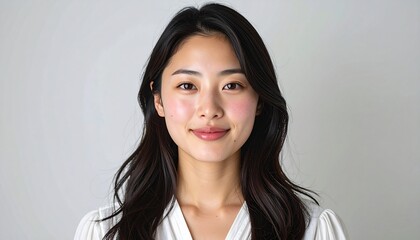 Obraz premium 清楚で可愛らしい日本人女性の美容ポートレート 白背景のナチュラルスキンケアイメージ